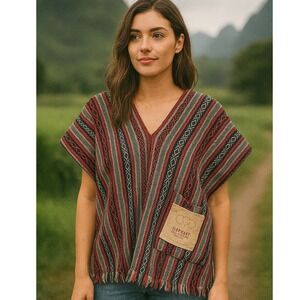 Elephant Jungle Sanctuary Boho Striped Poncho Ethnic Fringe Festival Wrap Size M